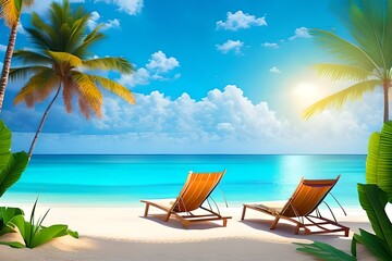 Fototapeta na wymiar Beautiful tropical beach with white sand and two sun loungers on background of turquoise ocean and blue sky with clouds. Frame of palm leaves and flowers. Perfect landscape for relaxing vacation 