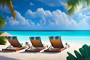 Beautiful tropical beach with white sand and two sun loungers on background of turquoise ocean and blue sky with clouds. Frame of palm leaves and flowers. Perfect landscape for relaxing vacation 