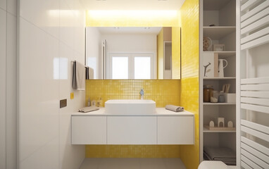 Fototapeta na wymiar Modern bathroom interior with yellow tiling adding a pop of color to the clean design.
