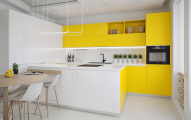 Modern kitchen interior with bold yellow cabinets and sleek white countertops.