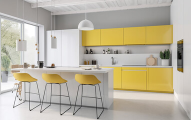 Spacious kitchen featuring yellow bar stools at a white island, offering a splash of color in a sleek space.