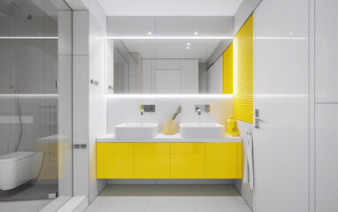 Bright bathroom with sleek double vanity and vibrant yellow storage, providing a pop of color in a modern design.