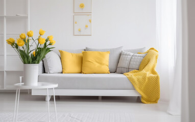 Inviting living room with white sofa and vibrant yellow pillows, accented by cheerful floral arrangements.