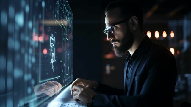 Cybersecurity privacy of data protection, businessman using laptop Secure encryption technology, Generative IA