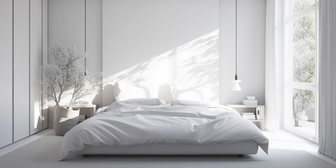 elegant white modern bedroom interior on sunny day, Generative IA