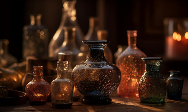 Beautiful Decorated Ornamental Bottles In Front Of Fireplace