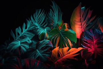 Creative fluorescent color layout made of tropical leaves. Flat lay neon colors. AI generated