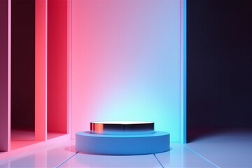 3D Renderings: Empty Room Interior Design and Glowing Neon Pastel Pedestal Product Display. Showcase Your Modern and Stylish Products. Generative AI.