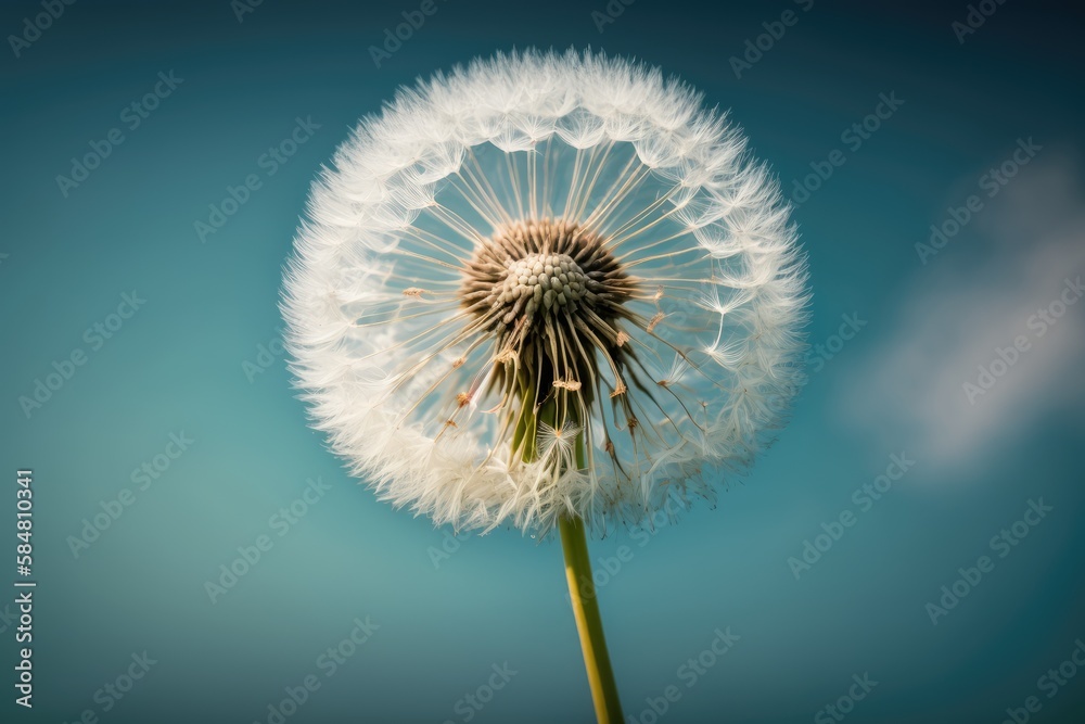 Poster dandelion with seeds against blue sky in the park, created with generative ai