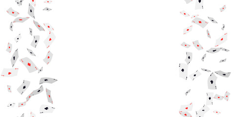 Falling playing cards on white. Seamless pattern with falling playing cards with symbols of diamonds, clubs, hearts and spades. Vector illustration for casino, game design, advertising, ads of parties