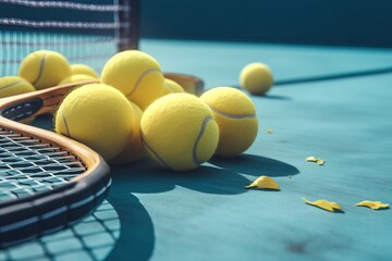 Holliday sport composition with yellow tennis balls and racket on a blue background of hard tennis court. AI generated