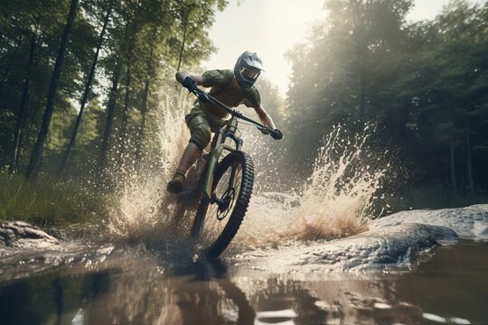 Male cyclist splashing water with mountain bike. AI generated