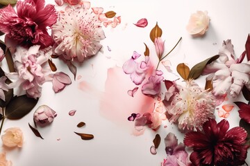 Flowers composition. Creative layout made of pink and white flowers on white background. AI generated