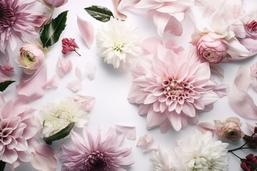 Flowers composition. Creative layout made of pink and white flowers on white background. AI generated