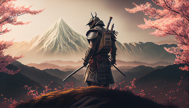 samurai with katana watching the landscape in the mountains