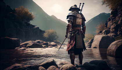 samurai with katana in the mountains