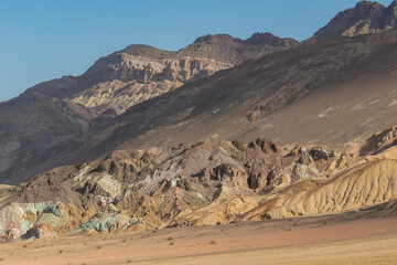 Scenic view of colorful geology of multi hued Amargosa Chaos rock formations in Death Valley National Park, Furnace Creek, California, USA. Barren desert landscape of Artist Palette in Black mountains