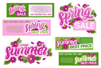 Spring sale and Summer sale vector banner template with pink flowers elements like daisy in the background and spring season discount promotional text in white frame. Sale banner tag.