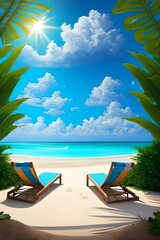 Beautiful tropical beach with white sand and two sun loungers on background of turquoise ocean and blue sky with clouds. Frame of palm leaves and flowers. Perfect landscape for relaxing vacation --ar