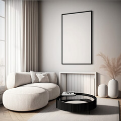 mock up poster frame in modern interior background, close up, living room, Scandinavian style, 3D render, 3D illustration