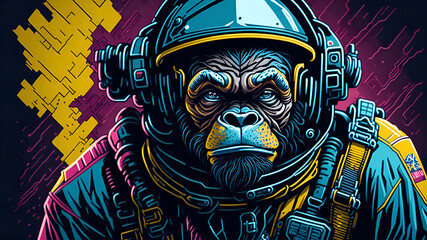 vector art ready to print colourful graffiti illustration of ape in space suit.