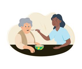 Nursing and feeding elderly person. Care, support for aged senior people concept. Caregiver volunteering, helping old woman eat with spoon. Flat vector illustration isolated on white background stock 