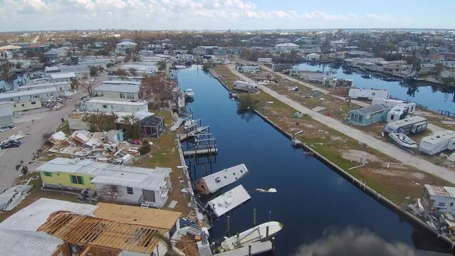 2022 - shocking aerial of the destruction in a trailer park of Hurricane Ian near Fort Myers Florida.