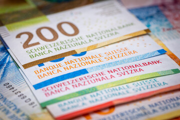 Swiss francs, Switzerland banknotes, Different denominations, Financial and banking concept