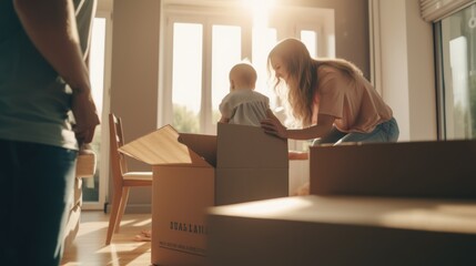 young couple and son moves to a new home. the family carries boxes of things after buying a home. GENERATIVE AI