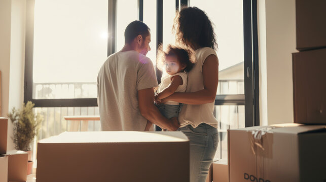 Couple Organising Belongings At New Apartment, Family Moving In Together, GENERATIVE AI