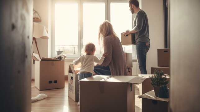 Happy young family bought new house. Mom, Dad, and child smiling happy hold cardboard boxes for move object walking into big modern home. New real estate dwelling, GENERATIVE AI