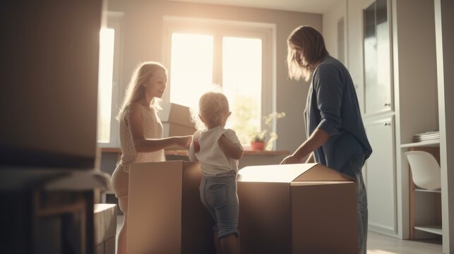 Couple Organising Belongings At New Apartment, Family Moving In Together, GENERATIVE AI