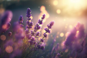 Obraz premium Blooming lavender flowers in the morning, shiny elegant background illustration Generative AI