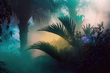 Mystical early morning in the tropics palm trees in the fog after rain, glow color light background illustration Generative AI