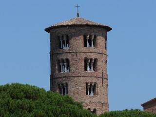 Sant'Apollinare in Classe Basilica in Ravenna, closeup on the brick circular bell tower in Byzantine style