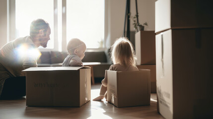 Happy couple family with cardboard boxes sitting on the floor in new home, GENERATIVE AI