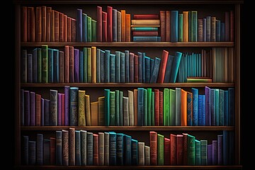 Books on the bookshelves in the library reading, literature background illustration Generative AI