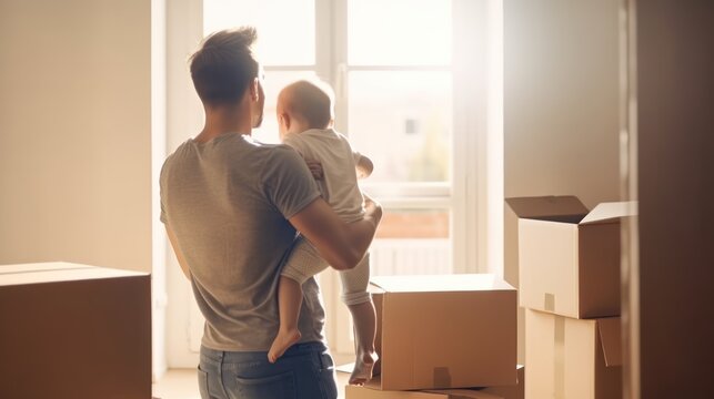 young couple ans son moves to a new home. the family carries boxes of things after buying a home. GENERATIVE AI