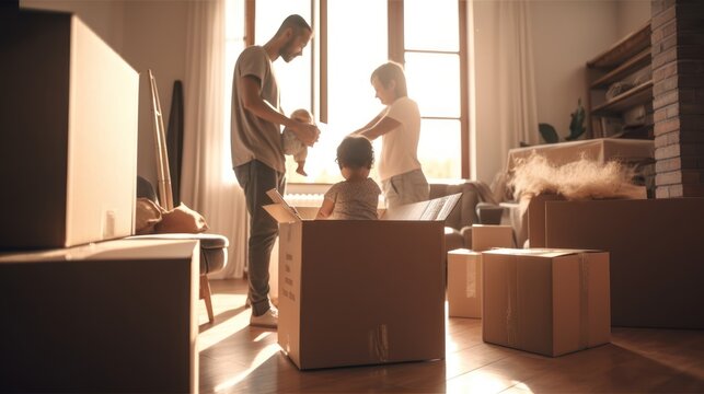 young couple ans son moves to a new home. the family carries boxes of things after buying a home. GENERATIVE AI