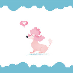 Cute pink poodle with speech bubble and heart. Cartoon vector illustration of dog. T-shirt kids design 