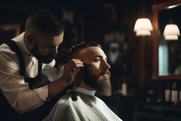 Obraz premium Barber hairdresser doing haircut of beard. Beard grooming. Barber shaving bearded male with a sharp razor. Professional barber styling hair of his client. Generativу AI