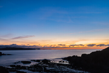 Sunset in the blue hour with long exposure with the cliffs in front.