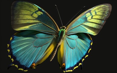 Colourful butterfly, beautiful glowing multi-coloured butterfly on Gray background