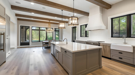 Wooden modern table, Kitchen dining table, front view.