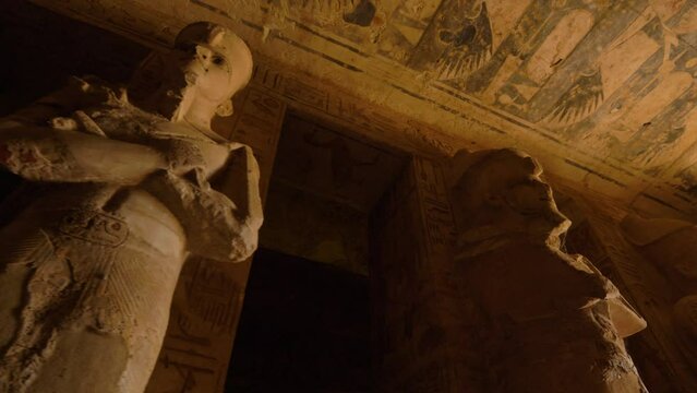 2022 - Interiors of the Great Temple of Ramesses II in Abu Simbel, Egypt show sculptures and ceilings.