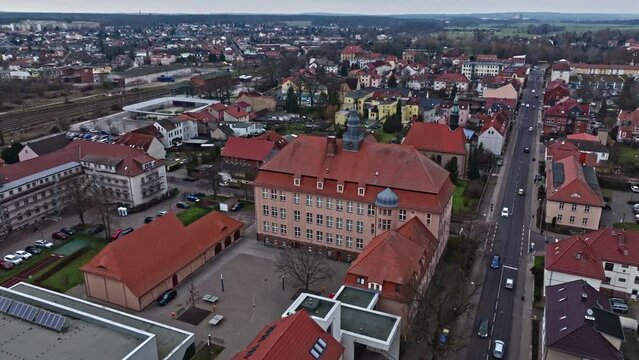 Drone shot revealing "Marie Gerike" Secondary school ("Marie Gerike" Sekundarschule) , Haldensleben , Germany .