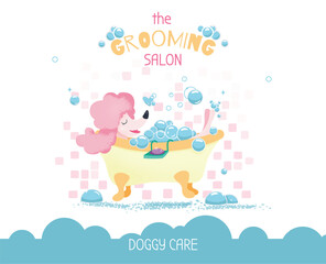 Cute illustration for grooming salon with funny dog in the bath. Cartoon drawing of washing dog. 