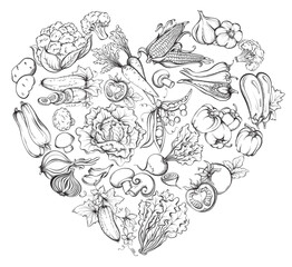 Set of various vegetables in the form of heart shape. Love vegetarian food. Vector hand drawn illustration of vegetables in retro style