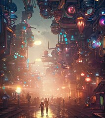 Cyberpunk Cityscape Lit Up With Lanterns Empty Streets