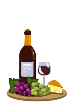Bottle and glass of red wine grapes bunch and piece of cheese on wooden tray. Vector illustration